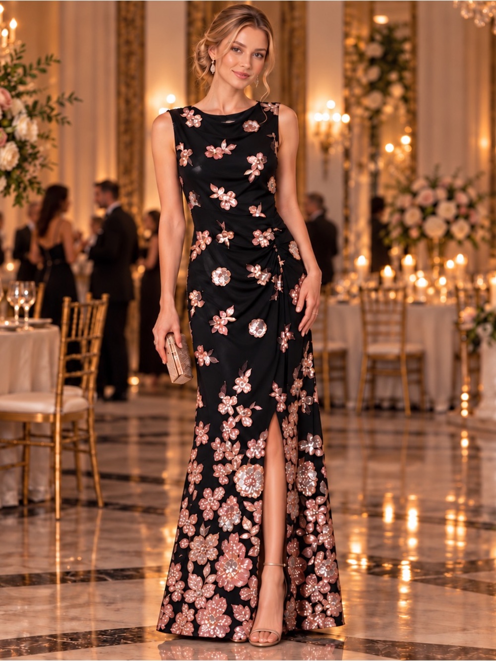 Meggy London Sequin Floral Evening Gown Black Rose Size 10 Holiday NYE Formal